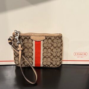 Coach Brown Signature Wristlet with Red Varsity Center Stripe